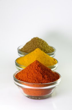 Kırmızı biber tozu, zerdeçal tozu ve kişniş toz kase.
