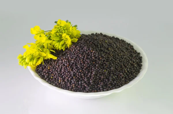 Heap de sementes de mostarda marrom em tigela e flor de mostarda — Fotografia de Stock