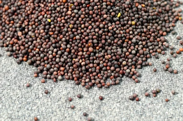 Heap of Brown Mustard Seeds on sackcloth — Stock Photo, Image