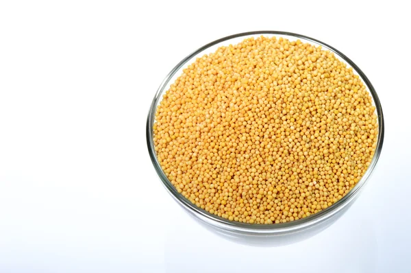 Yellow mustard seeds in glass bowl — Stock Photo, Image