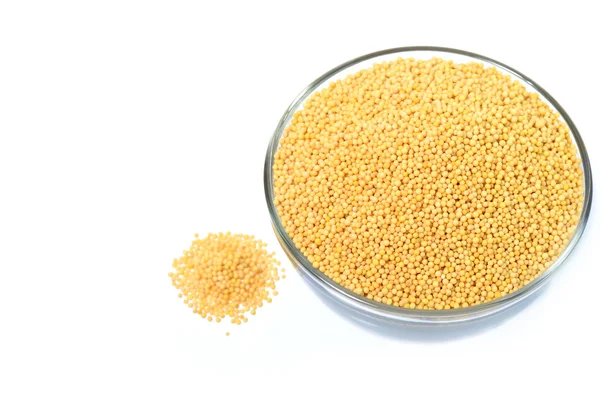 Yellow mustard seeds in glass bowl with heap — Stock Photo, Image