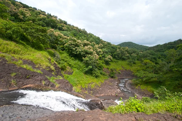 Landscape with mountains trees and a river in front Stock Photo