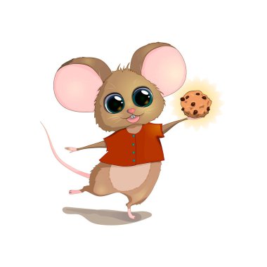 Beyaz arka planda çikolata parçacıklı kurabiye tutan şirin bir farenin vektör çizimi.