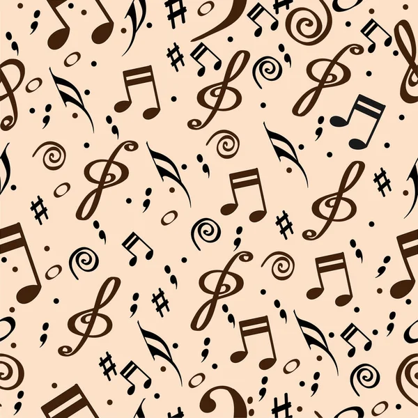 Patrón abstracto sin costuras con símbolos musicales. Ilustración vectorial negro y marrón sobre fondo crema — Vector de stock