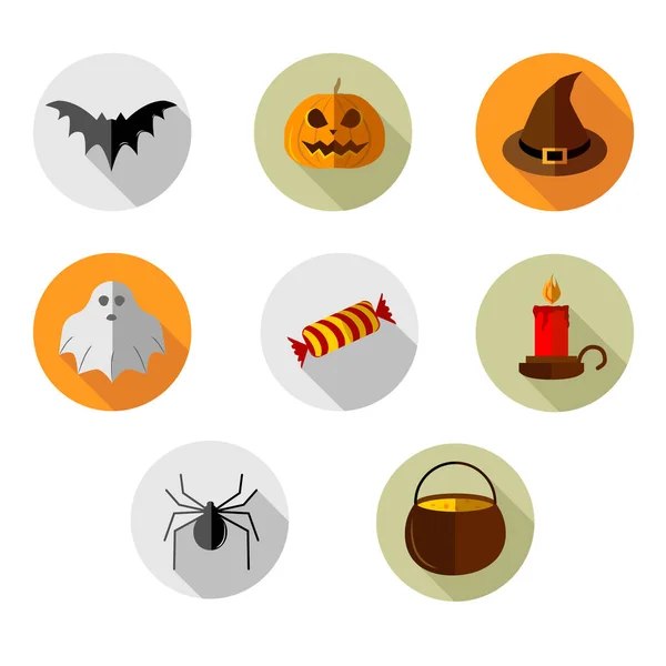 Vektorsymbole für Halloween gesetzt. Halloween-Vektorsymbole in orange, braun, grün, schwarz und gelb. — Stockvektor