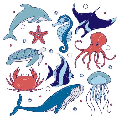 Tasarımınız için vektör karikatür ve çizilmiş deniz canlısı nesneler.