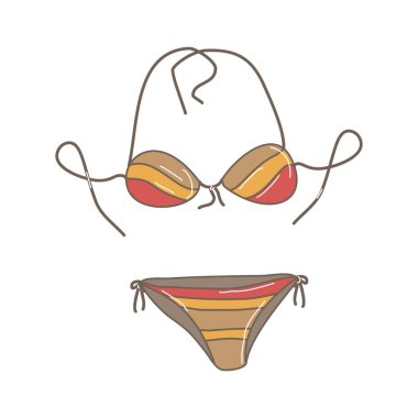 Karalama stilinde el çizimi vektör çizimi, kadın mayosu, bikini, denizde tatil, beyaz arka planda izole etme