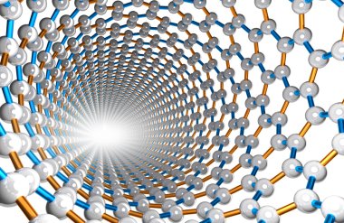 Nanotüp, turuncu ve mavi tahvil, beyaz atomlar