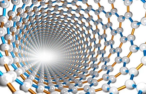 Nanobuis, oranje / blauwe obligaties, witte atomen — Stockfoto