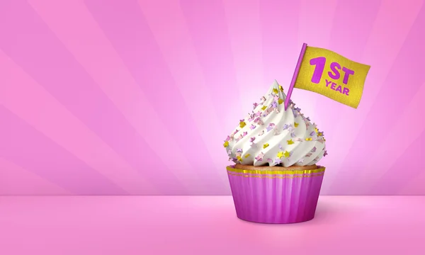 3D Rendering of Pink Cupcake, listras de ouro em torno de Cupcake — Fotografia de Stock