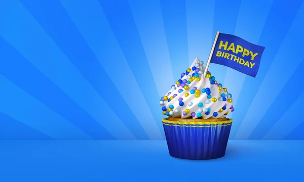 3d 渲染的蓝色的纸杯蛋糕，蛋糕周围的黄色条纹 — 图库照片