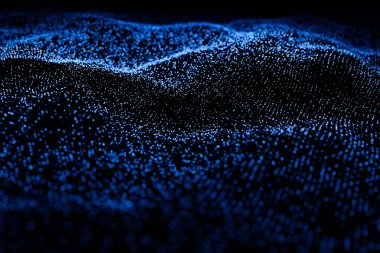 Dalga desen vektörü. Soyut dijital parçacıkların parladığı üç boyutlu arka plan. Bilim kurgu illüstrasyonu. Teknoloji geçmişi kavramı. Soyut arkaplan.