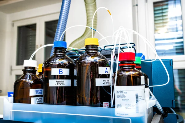 Stock Solutions Purpose Liquid Chromatography Analysis Bottles Connected Directly Machine — Stock Photo, Image