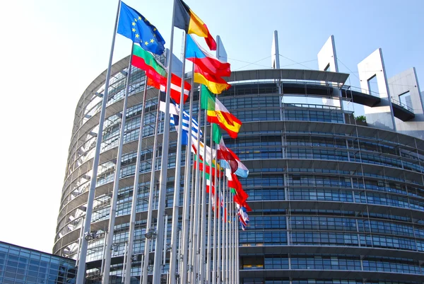 European Parliament, Detail of Flags in Front of Building — ストック写真
