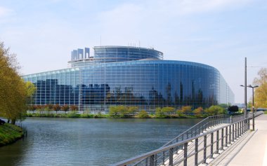 Strasbourg, Fransa - 22 Nisan 2010 - Avrupa Parlamentosu, ayrıntılı bir binanın önünde bayrak