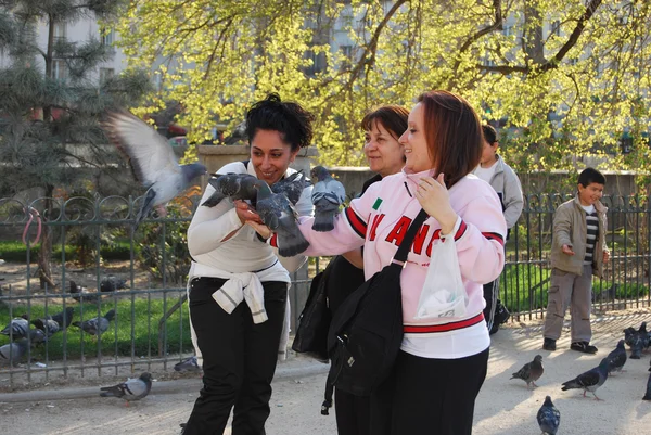 Paříž, Francie - 23 duben 2010 - tři neznámé ženy, krmení holubů — Stock fotografie