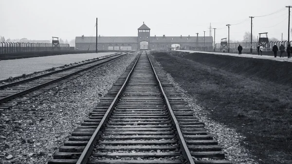 Hlavní brána a železnice do nacistického koncentračního tábora Auschwitz Birkenau — Stock fotografie