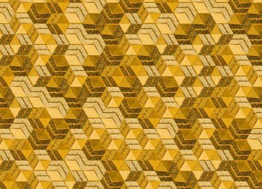 Tekrarlayan küp illüzyonları yaratmak için düzenlenmiş üçgen ve eşkenar dörtgen elementlerden oluşan karmaşık geometrik bir tessellasyonun 3 boyutlu yorumlanması. Yüzeyler, cilalanmış yüzler ve desenli mat panellerle oyulmuş altın metalden yapılmış gibi görünüyor.