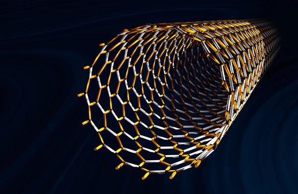 Nanotubo in carbonio dritto, Obbligazioni bianche e arancioni, sfondo blu scuro — Foto Stock