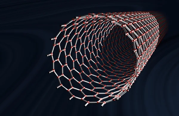 ストレート炭素ナノチューブ、赤い原子は、金属結合、暗い青色の背景 — ストック写真