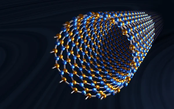 Nanotubo de carbono recto, átomos azul y naranja, enlaces blancos, fondo azul oscuro — Foto de Stock