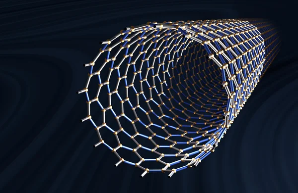 Nanotubo de carbono reto, átomos amarelos, laços cinza e azul, fundo azul escuro — Fotografia de Stock