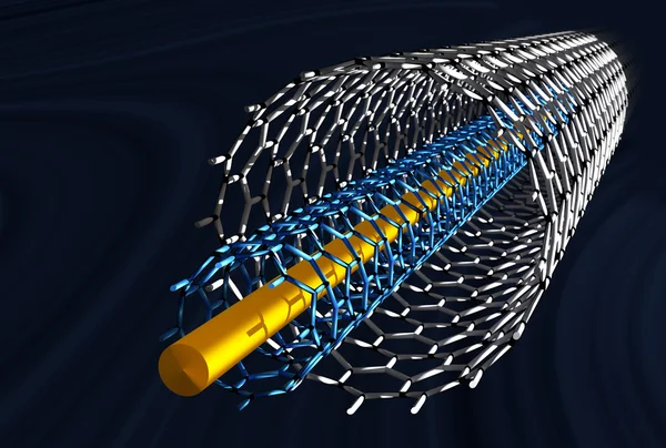 Nanotubi dritti in carbonio, tubi bianchi e blu, sfondo blu scuro — Foto Stock