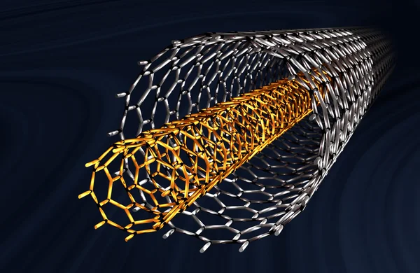Nanotubos de carbono rectos, tubos blancos y anaranjados, fondo azul oscuro —  Fotos de Stock