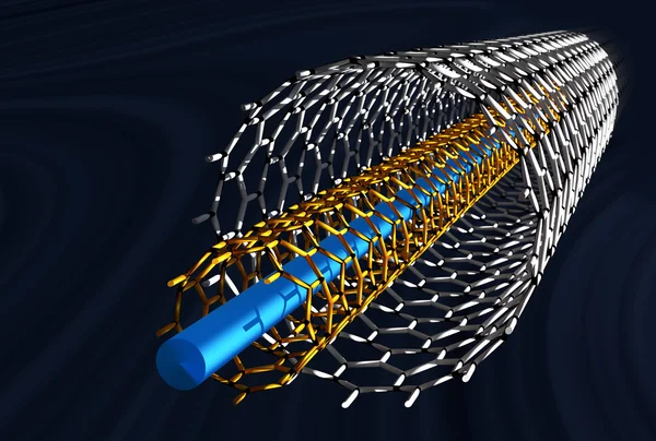 Nanotubos de carbono retos, tubos brancos e laranja, fundo azul escuro — Fotografia de Stock