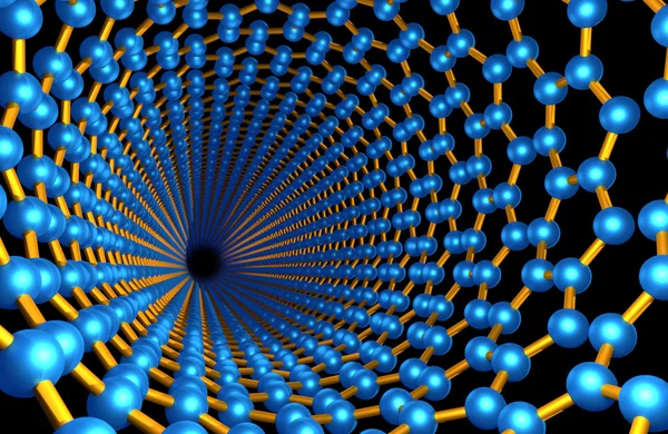 Vue à travers le nanotube de carbone, les atomes bleus et les obligations orange — Photo