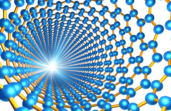 Vue à travers le nanotube de carbone, les atomes bleus et les obligations orange — Photo