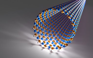 Düz karbon nanotüp, mavi ve turuncu atomları, beyaz Tahvil