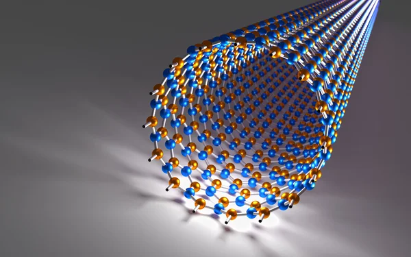 Nanotubo de carbono recto, átomos azules y anaranjados, enlaces blancos — Foto de Stock