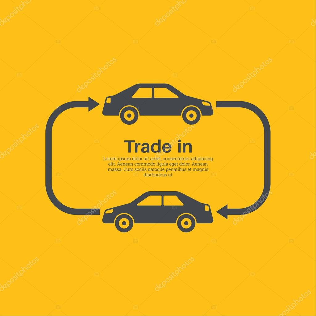 Two cars with the index of an arrow of an exchange on a yellow background. The concept of a good bargain made with the vehicle. A vector illustration in flat style.