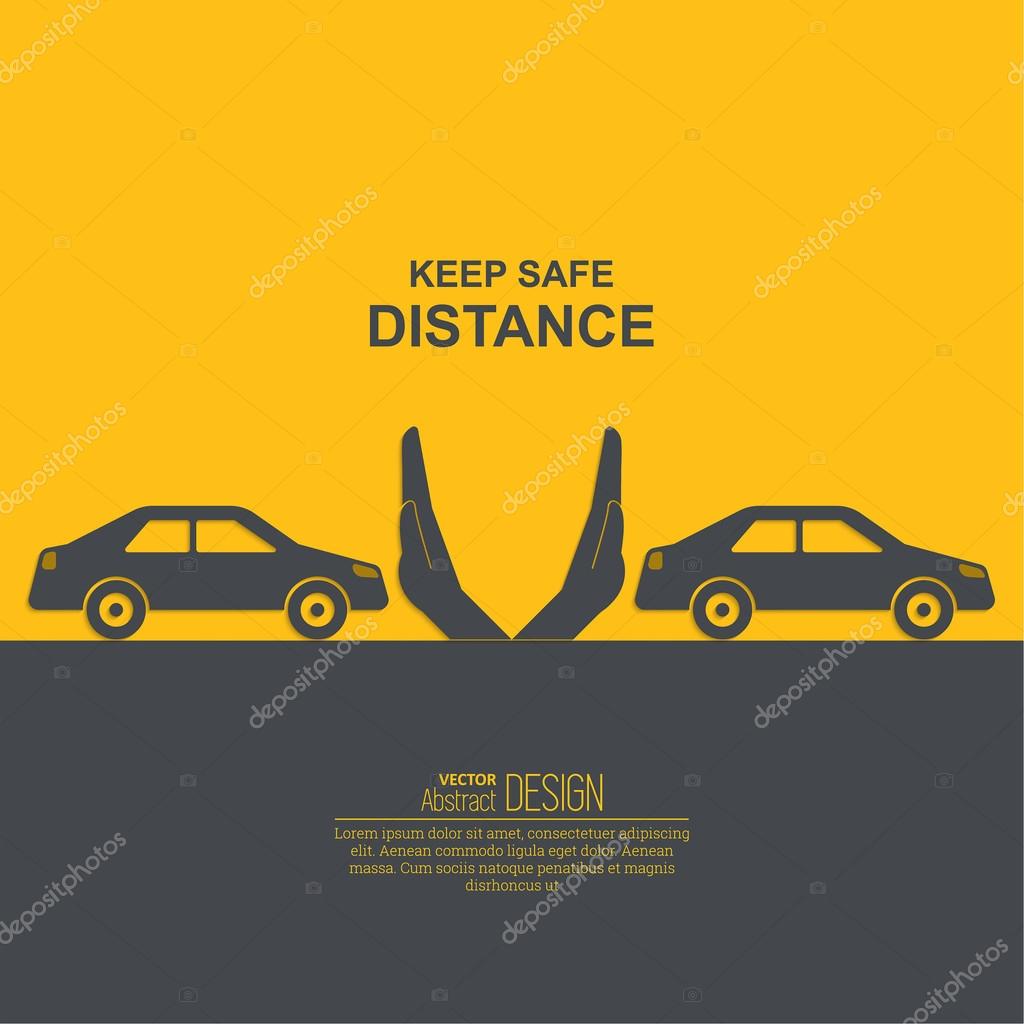 Hands up the distances symbolizing increase between cars. The concept of safety and fail-safety on roads, observance of traffic regulations. A vector illustration in flat style.