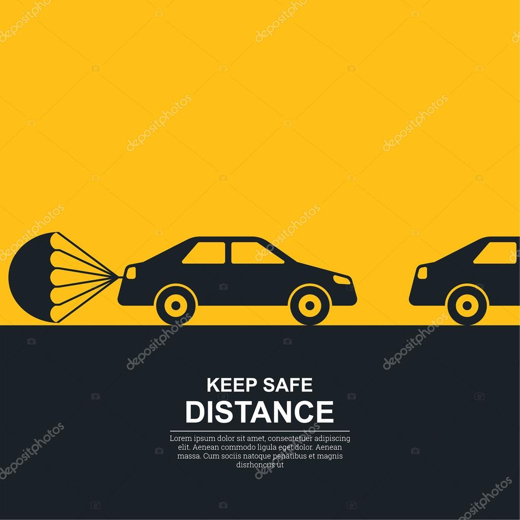 The parachute attached to the car, symbolizing about increase in a distance between vehicles. The concept of safety and fail-safety on roads, observance of the traffic regulation, an instruction to drivers. A vector illustration in flat style.