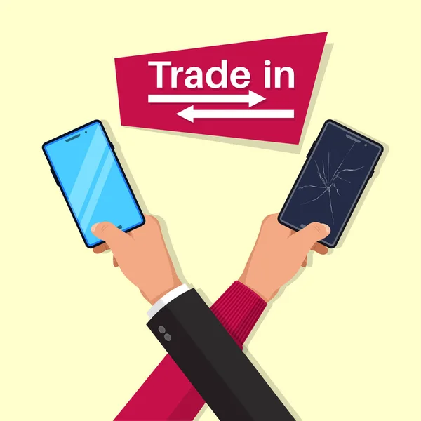 Dvě Ruce Drží Smartphones Good Deal Trade Exchange Starého Zařízení — Stockový vektor