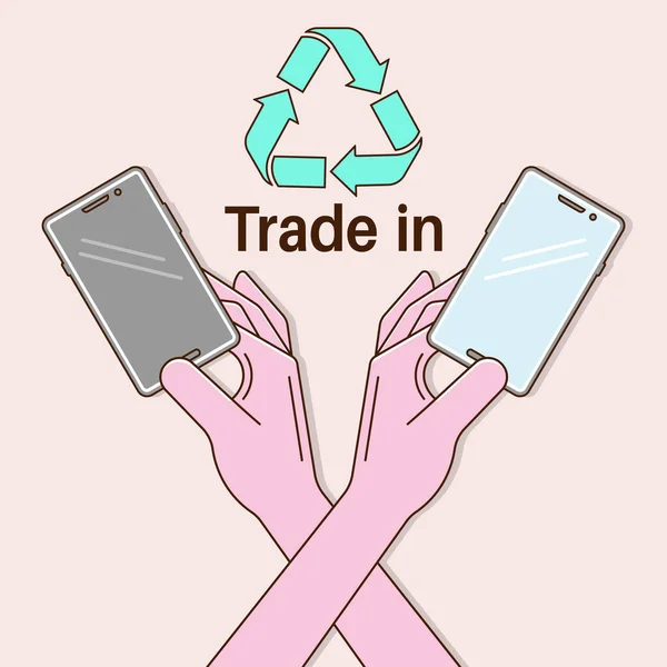 Två Händer Håller Smartphones Good Deal Trade Exchange Gammal Enhet — Stock vektor