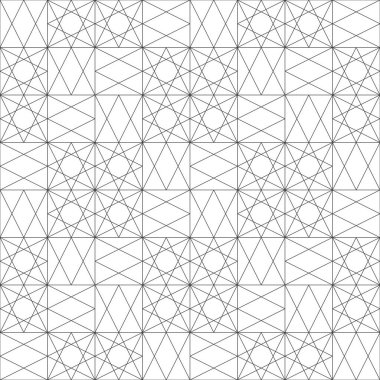 Kusursuz desen. Modern zarif doku. Geometrik şekillerle, eşkenar dörtgenlerle, elmaslarla, yıldızlarla, çokgenlerle, üçgenlerle düzenli olarak yinelenen doğrusal süslemeler. İnce çizgi. Grafiksel tasarımın vektör ögesi