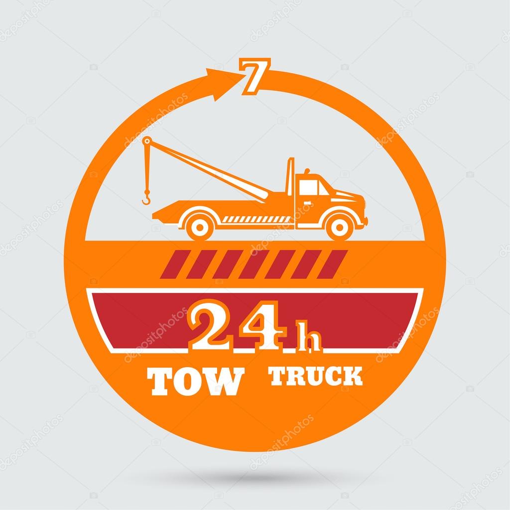 Tow truck emblem. Wrecker icon. Round the clock evacuation of cars. Design can be used as a logo, a poster, advertising, singboard. Vector element of graphic design