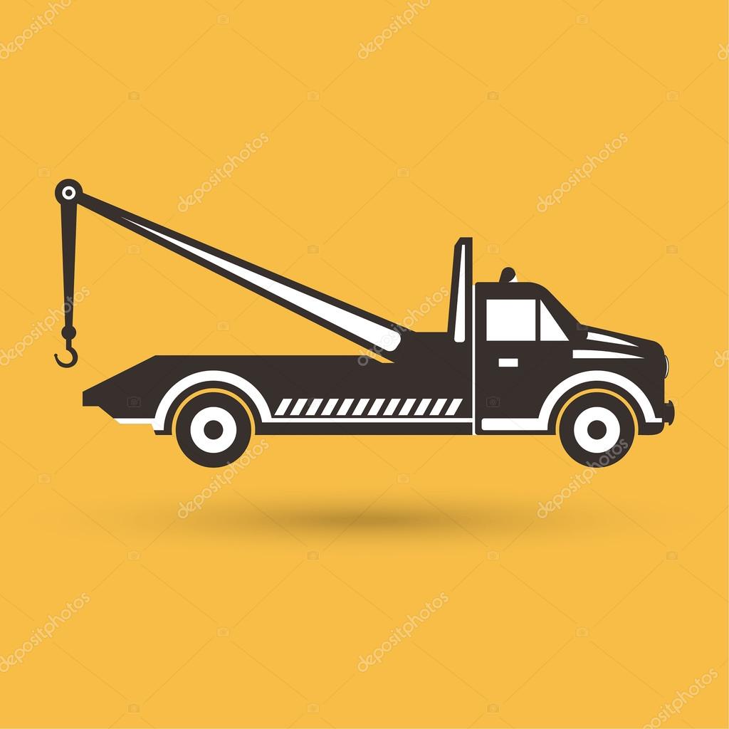 Tow truck emblem. Wrecker icon. Round the clock evacuation of cars. Design can be used as a logo, a poster, advertising, singboard. Vector element of graphic design