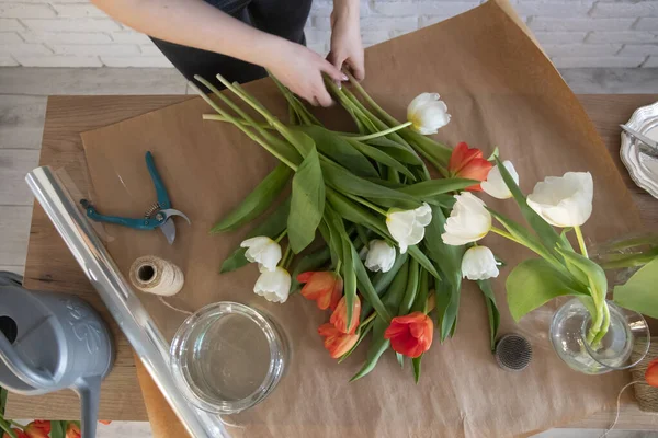 顧客のためのチューリップの創造的な花束の作成に取り組んでいる女性花屋 最上階だ 花屋で新鮮な白と赤のチューリップ フローリストの机にはさみとセーター — ストック写真