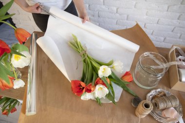 Kadın beyaz kağıtta kırmızı ve beyaz laleler taşıyor. Çiçekçi işyeri. Sevdiğin biri için hediye hazırlıyorsun. Bahar çiçeği konsepti.