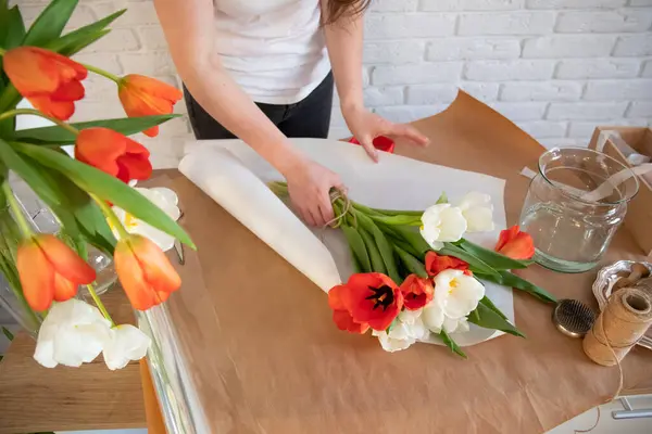 Kadın beyaz kağıtta kırmızı ve beyaz laleler taşıyor. Çiçekçi işyeri. Sevdiğin biri için hediye hazırlıyorsun. Bahar çiçeği konsepti.