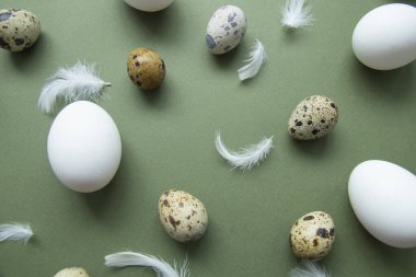 Şık yumurta desenleri. Mutlu Paskalyalar. Yeşil arkaplandaki yumurta ve tüylerin düz görüntüsü. Minimalist stil. 