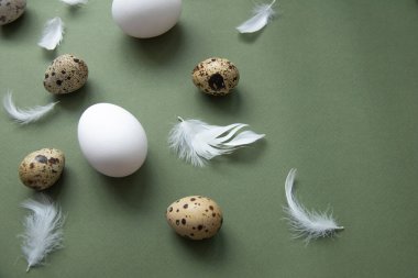 Şık yumurta desenleri. Mutlu Paskalyalar. Yeşil arkaplandaki yumurta ve tüylerin düz görüntüsü. Minimalist stil. 