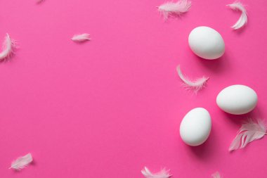 Pembe arka plandaki beyaz yumurta ve tüylerin deseni. Paskalya şablonu. Selamlarınız için yer açın. Moda ve asgari doku. Düz yatıyordu