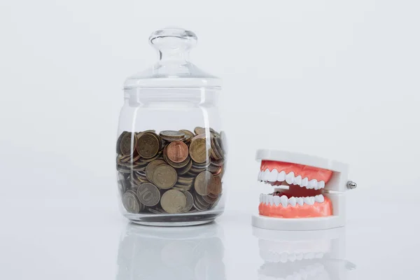 Model of jaw and glass bank with coins on a glass table. Expensive dentists services concept — Stock Photo, Image