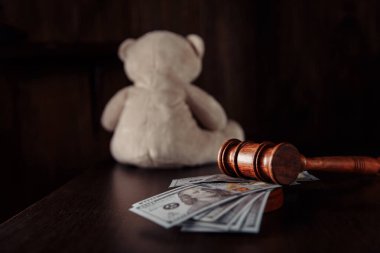 Yargıç Tokmak, dolar banknotları ve oyuncak ayı çocuk haklarını simgeliyor. Boşanma ve nafaka kavramı