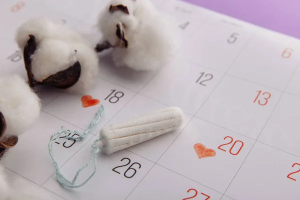 Concepto de higiene de la mujer menstruación. Mínimo plano poner tampón menstrual y calendario con una rama de algodón sobre un fondo lila — Foto de Stock